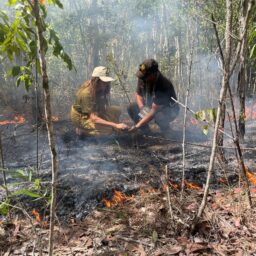 2 participants crouching and looking down at burnt land with a low and slow burn fire surrounding them. Small trees around.