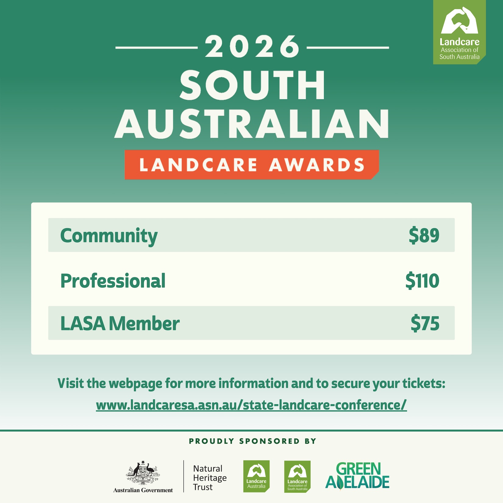 South Australian Landcare Awards Pricing - Community $89, Professional $110, LASA Member $75